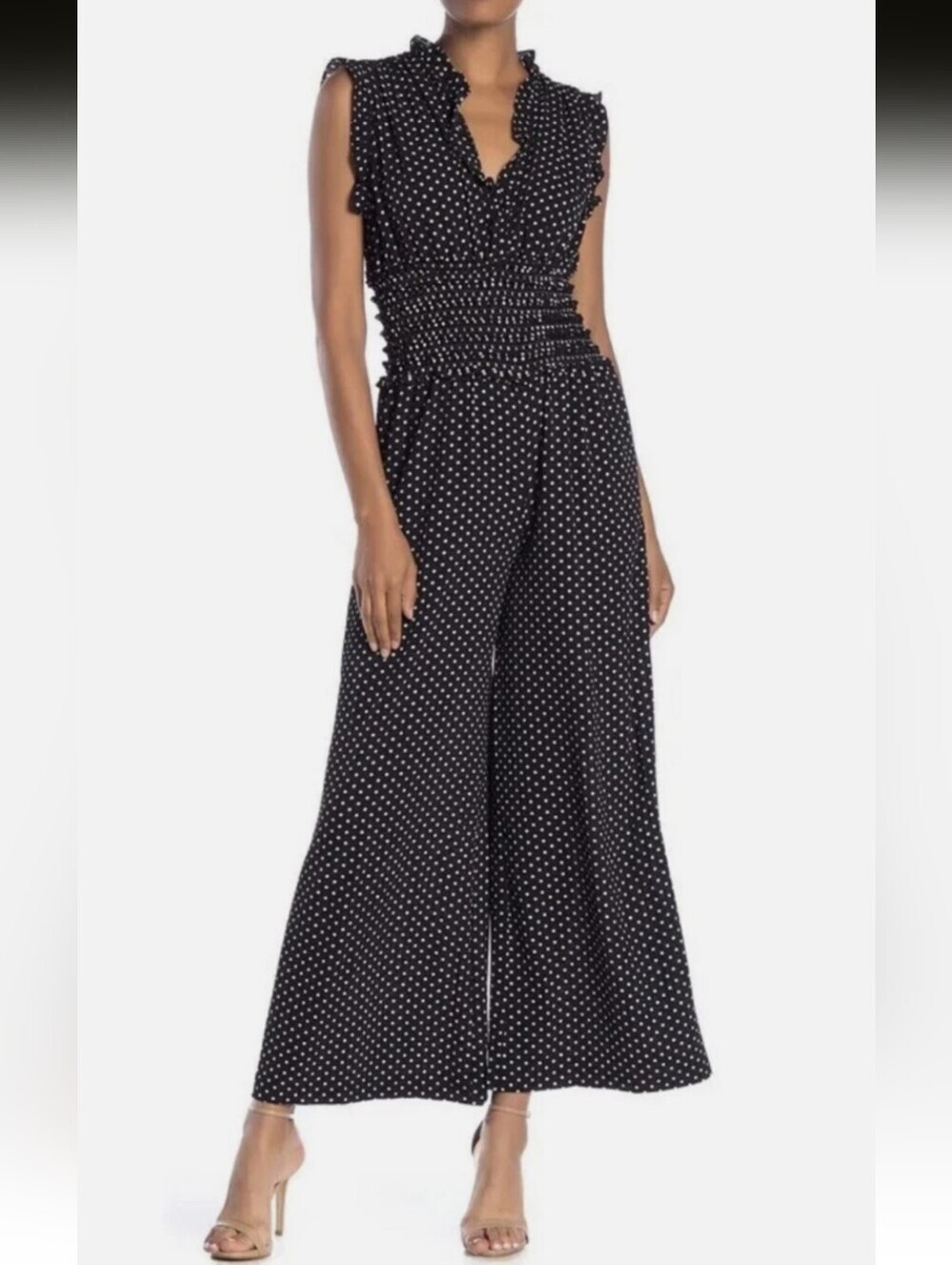 Max Studio Black & White Polka Dot Wide Leg Crepe Jumpsuit Size Large NWT